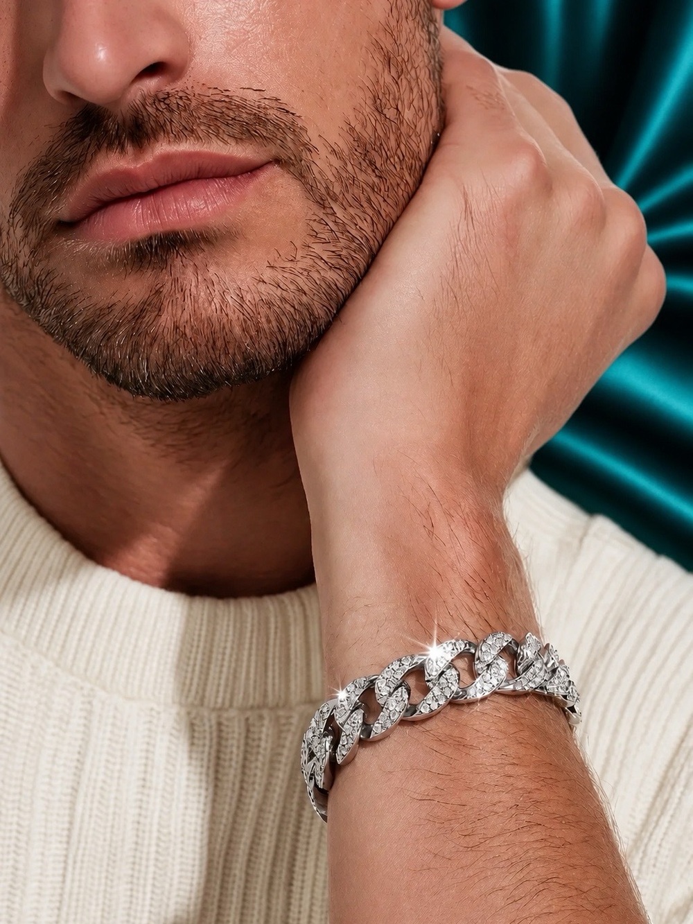Silvertone Pave Cuban Link Men’s Bracelet, 8” long, BRAND NEW!
